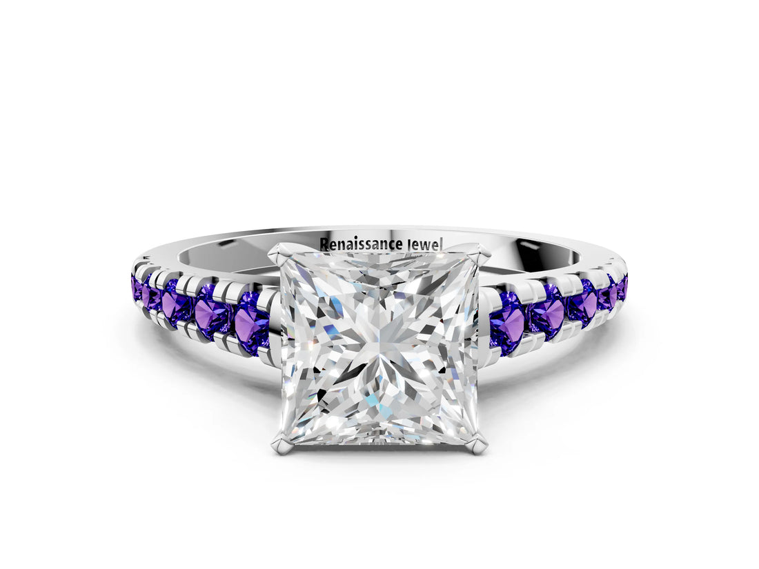 White gold Princess Cut Diamond Cathedral Solitaire Ring with Round with Tanzanite side stone Pavé Band