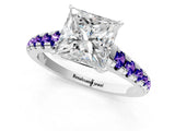 White gold Princess Cut Diamond Cathedral Solitaire Ring with Round with Tanzanite side stone Pavé Band_1