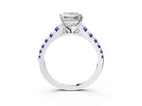 White gold Princess Cut Diamond Cathedral Solitaire Ring with Round with Tanzanite side stone Pavé Band_3