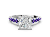 White gold Princess Cut Diamond Cathedral Solitaire Ring with Round with Tanzanite side stone Pavé Band