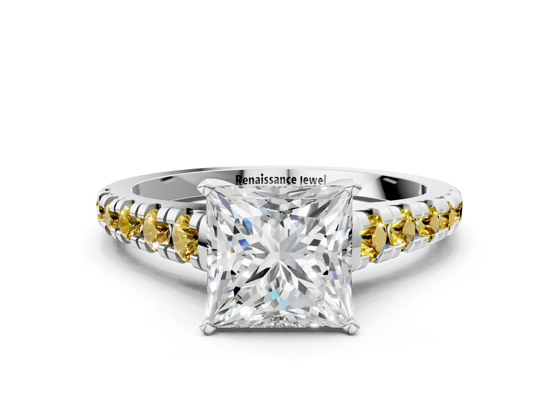 White gold Princess Cut Diamond Cathedral Solitaire Ring with Round with Yellow Sapphire side stone Pavé Band_36