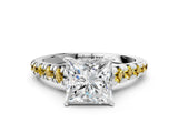 White gold Princess Cut Diamond Cathedral Solitaire Ring with Round with Yellow Sapphire side stone Pavé Band_36