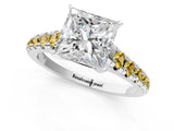 White gold Princess Cut Diamond Cathedral Solitaire Ring with Round with Yellow Sapphire side stone Pavé Band_37