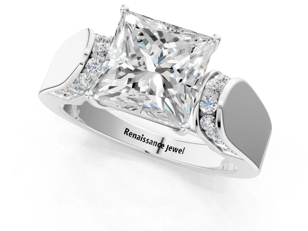White Gold Princess Cut Channel Set Engagement Ring Setting with Accented Shoulders on Wide Band