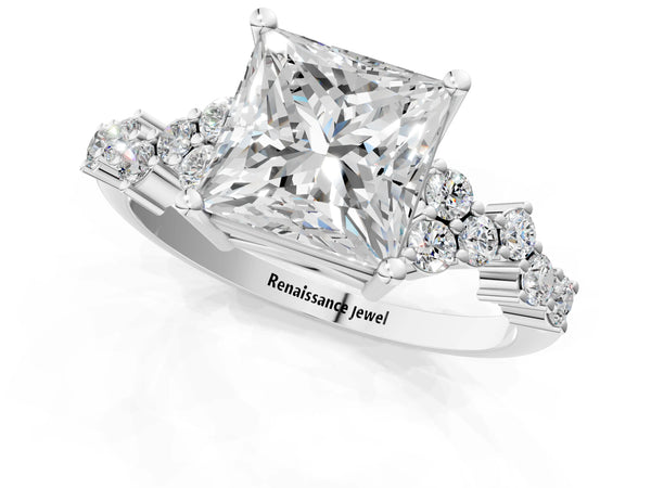 Platinum Princess Cut Diamond Cluster Pavé Band with Four-Prong Setting