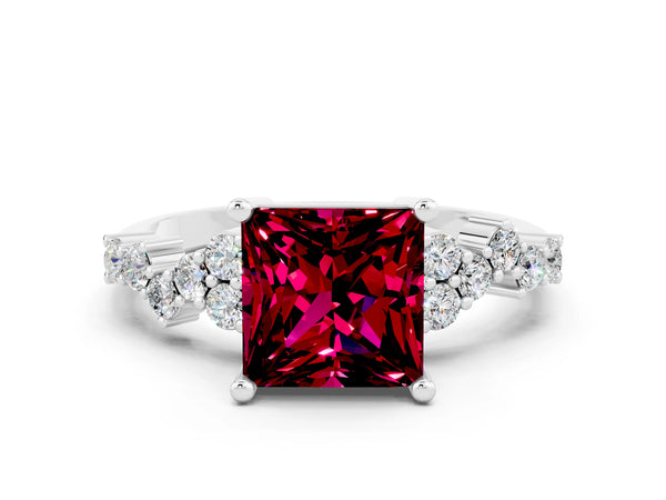 Platinum Princess Cut Garnet Scattered Round Accent Ring with Prong Setting