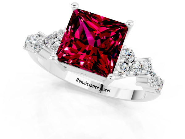 Silver Princess Cut Garnet Scattered Round Accent Ring with Prong Setting
