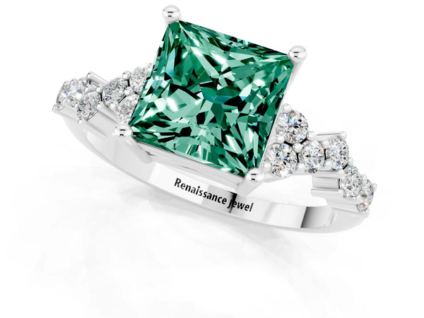Silver Princess Cut Green Sapphire Scattered Round Accent Ring with Prong Setting