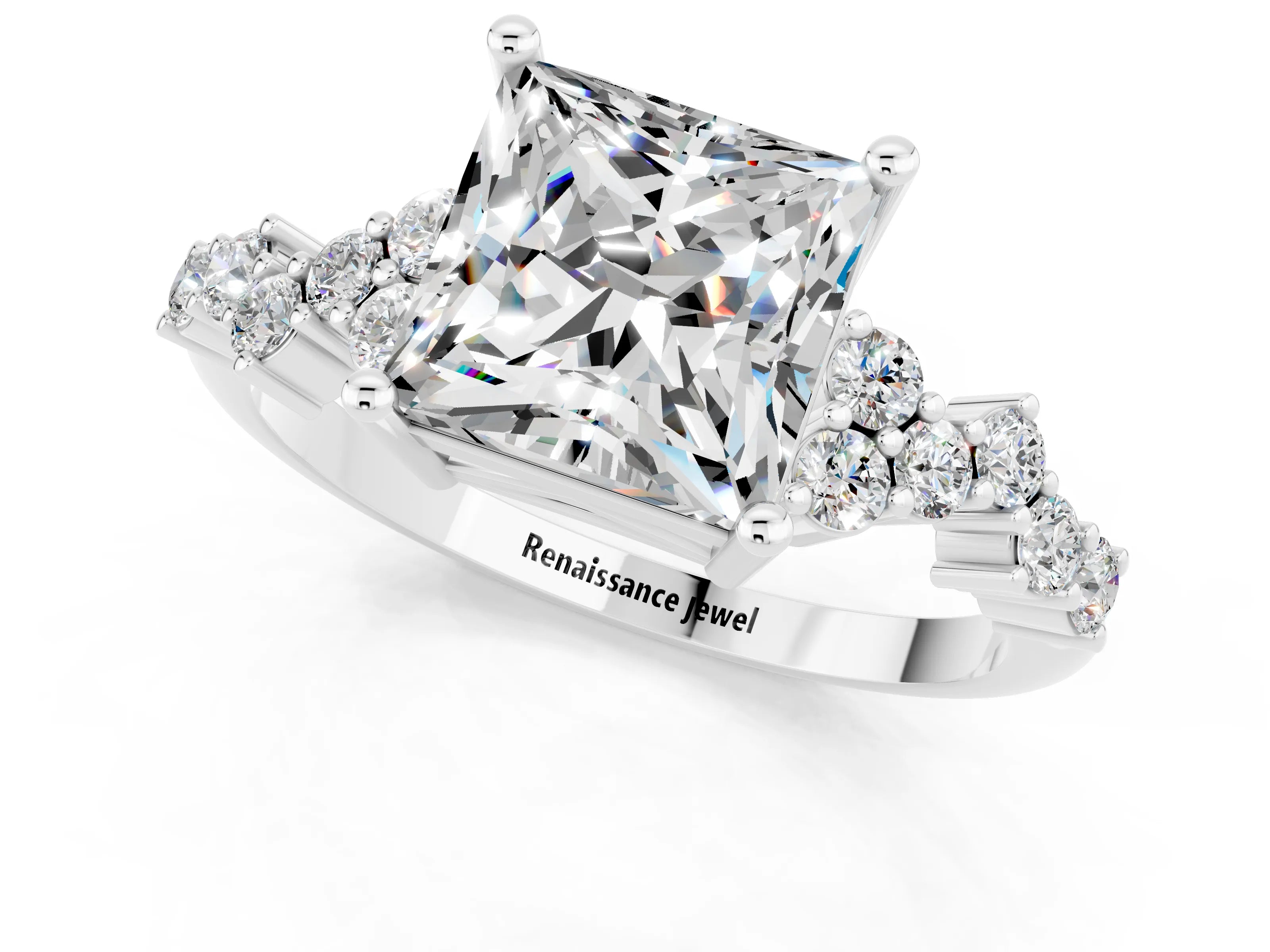 White gold Princess Cut Diamond Cluster Pavé Band with Four-Prong Setting_1