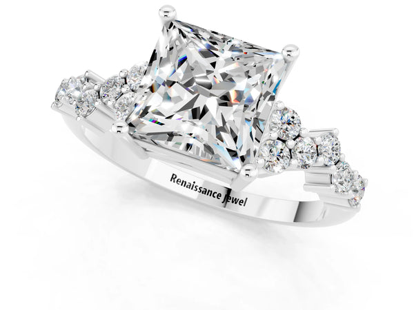 Silver Princess Cut Moissanite Scattered Round Accent Ring with Prong Setting