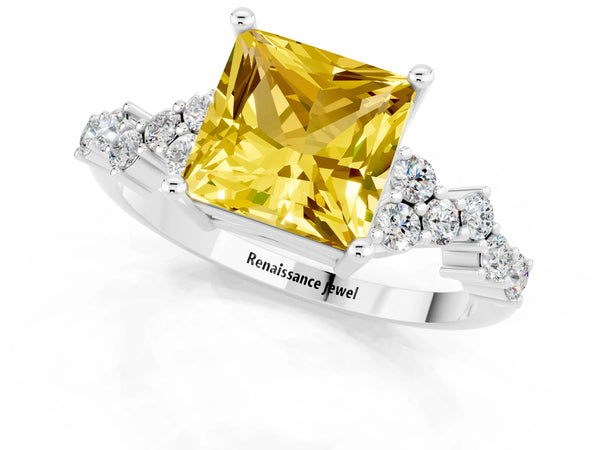 Platinum Princess Cut Yellow Sapphire Scattered Round Accent Ring with Prong Setting