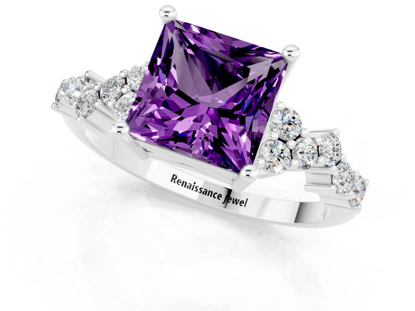 White gold Princess Cut Amethyst Scattered Round Accent Ring with Prong Setting