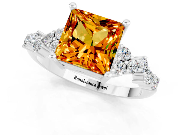 Platinum Princess Cut Citrine Scattered Round Accent Ring with Prong Setting