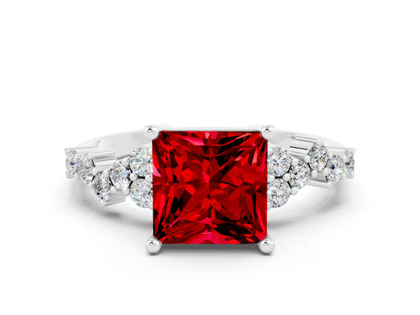 Platinum Princess Cut Ruby Scattered Round Accent Ring with Prong Setting