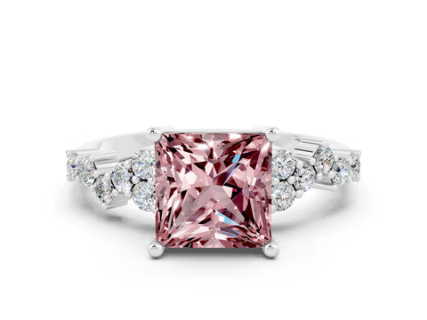 White gold Princess Cut Diamond Cluster Pavé Band with Four-Prong Setting