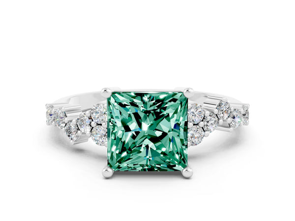 Silver Princess Cut Green Sapphire Scattered Round Accent Ring with Prong Setting