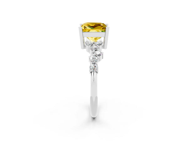 Silver Princess Cut Yellow Sapphire Scattered Round Accent Ring with Prong Setting
