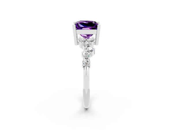 White gold Princess Cut Amethyst Scattered Round Accent Ring with Prong Setting