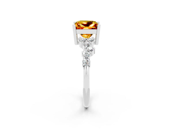 Silver Princess Cut Citrine Scattered Round Accent Ring with Prong Setting