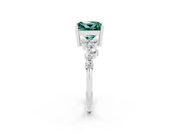 Silver Princess Cut Green Sapphire Scattered Round Accent Ring with Prong Setting