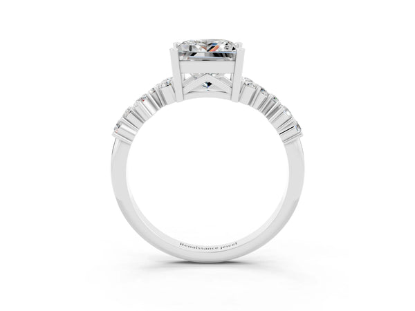White gold Princess Cut Moissanite Scattered Round Accent Ring with Prong Setting