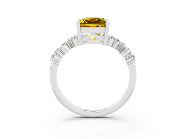 Silver Princess Cut Yellow Sapphire Scattered Round Accent Ring with Prong Setting