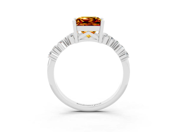 Silver Princess Cut Citrine Scattered Round Accent Ring with Prong Setting