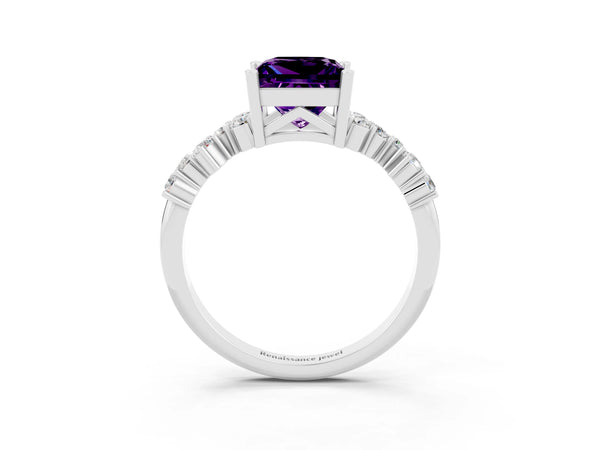 White gold Princess Cut Amethyst Scattered Round Accent Ring with Prong Setting