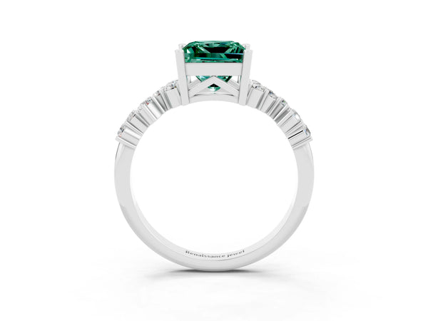 Silver Princess Cut Green Sapphire Scattered Round Accent Ring with Prong Setting