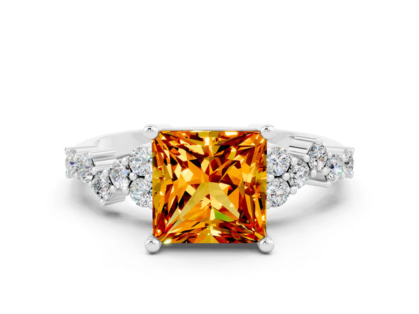 White gold Princess Cut Citrine Scattered Round Accent Ring with Prong Setting