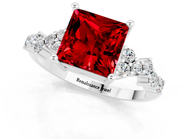 Silver Princess Cut Ruby Scattered Round Accent Ring with Prong Setting