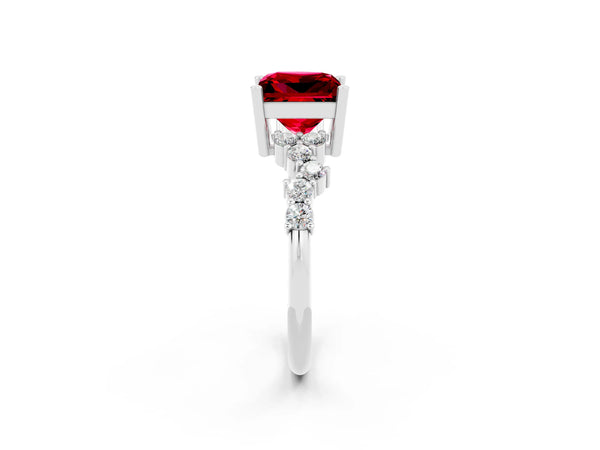 White gold Princess Cut Ruby Scattered Round Accent Ring with Prong Setting
