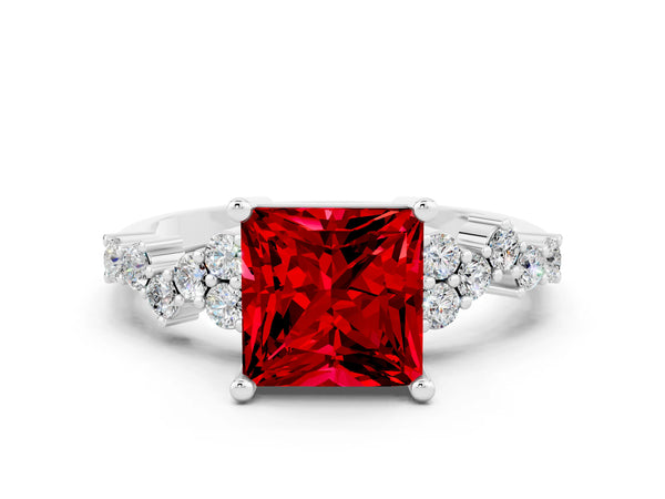 Platinum Princess Cut Ruby Scattered Round Accent Ring with Prong Setting