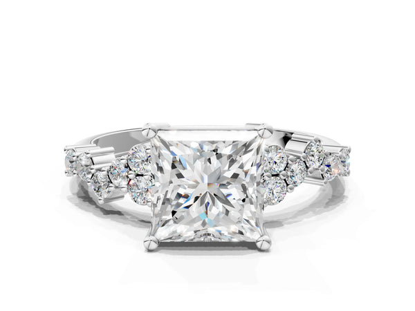 Platinum Princess Cut Diamond Cluster Pavé Band with Four-Prong Setting