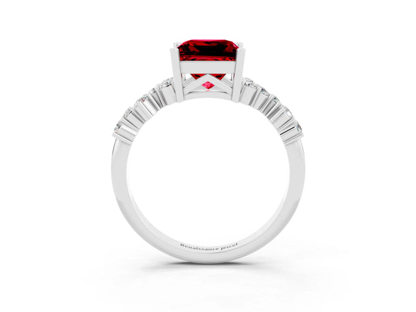 Silver Princess Cut Ruby Scattered Round Accent Ring with Prong Setting