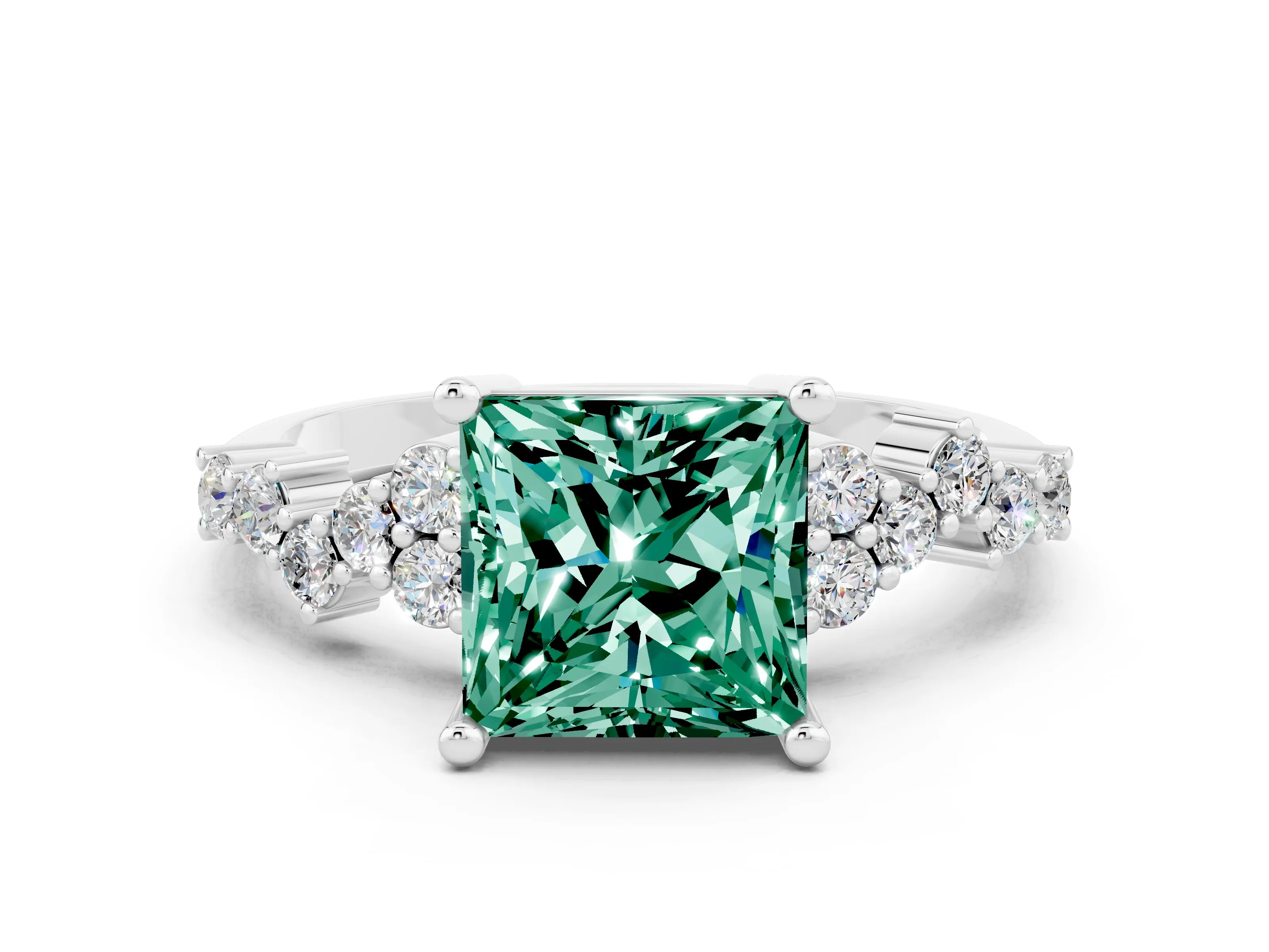 White gold Princess Cut Diamond Cluster Pavé Band with Four-Prong Setting