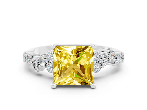 Platinum Princess Cut Yellow Sapphire Scattered Round Accent Ring with Prong Setting