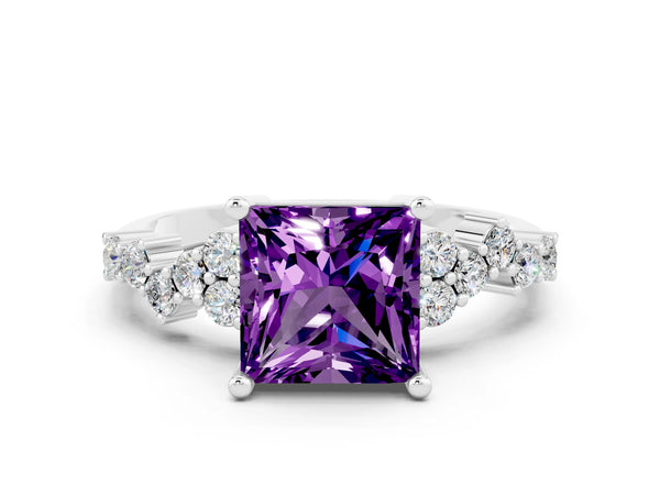 White gold Princess Cut Amethyst Scattered Round Accent Ring with Prong Setting