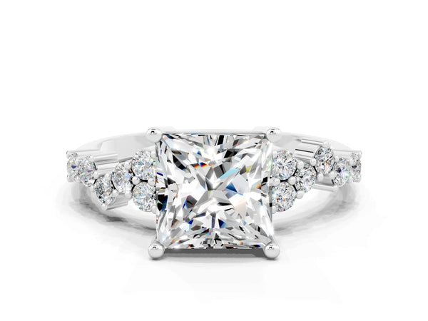 Silver Princess Cut Moissanite Scattered Round Accent Ring with Prong Setting