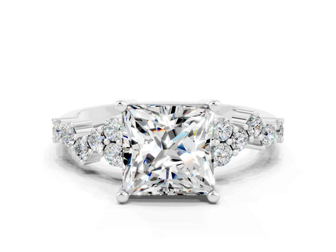 White gold Princess Cut Diamond Cluster Pavé Band with Four-Prong Setting