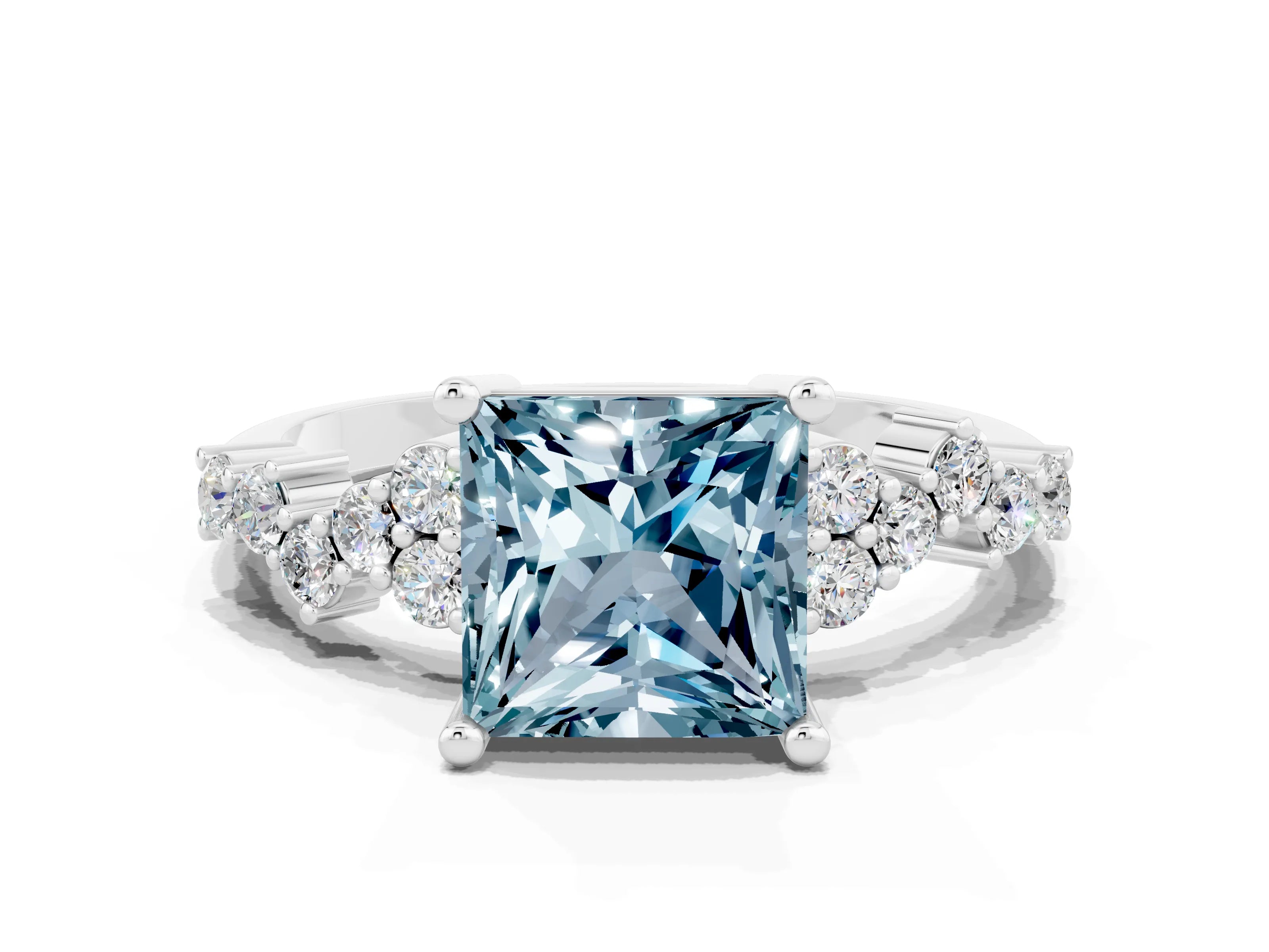 White gold Princess Cut Diamond Cluster Pavé Band with Four-Prong Setting