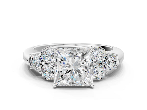 Platinum Princess Cut Diamond Cluster Ring with Round Accent Stones and Prong Setting on a Classic Band