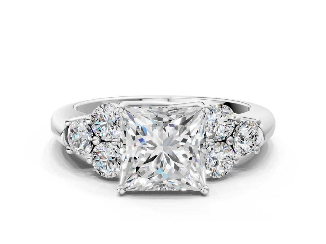 White gold Princess Cut Diamond Cluster Ring with Round Accent Stones and Prong Setting on a Classic Band_96