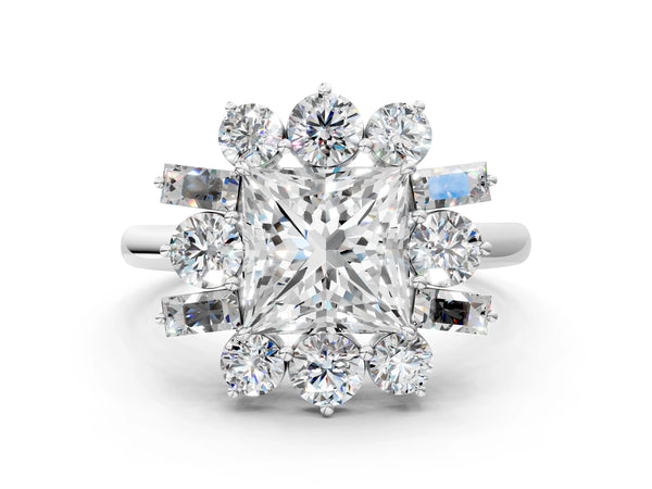 Platinum Oval Diamond Cluster Ring with Round and Baguette Stones, Split Shank Band, Prong Setting