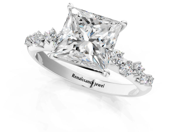 White Gold Princess Cut Graduated Cluster Engagement Ring Setting
