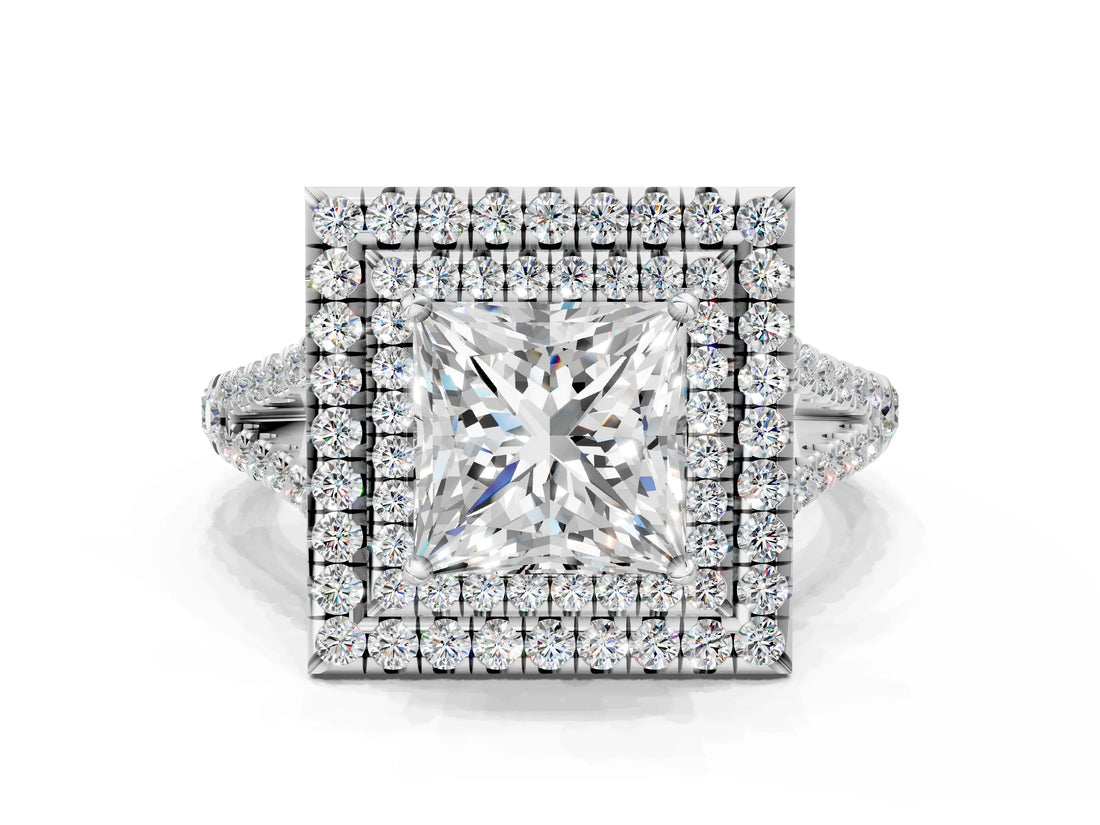 White gold Princess Cut Diamond Double Halo Ring with Pavé Band and Prong Setting_152