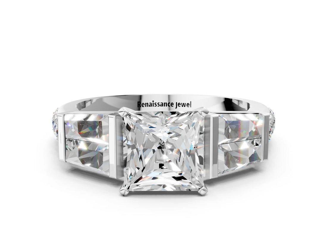 White gold Princess Cut Diamond Engagement Ring with Baguette Side Stones and Channel Set Band_40