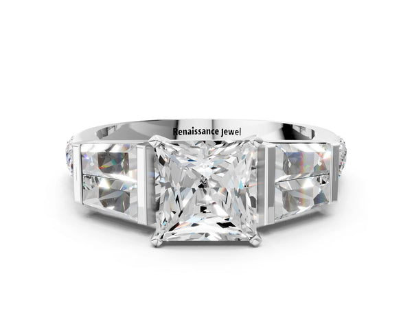 Sterling Silver Princess Cut Engagement Ring Setting with Channel Set Baguettes and Accented Band