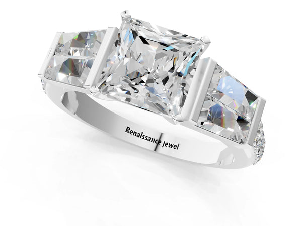 Sterling Silver Princess Cut Engagement Ring Setting with Channel Set Baguettes and Accented Band
