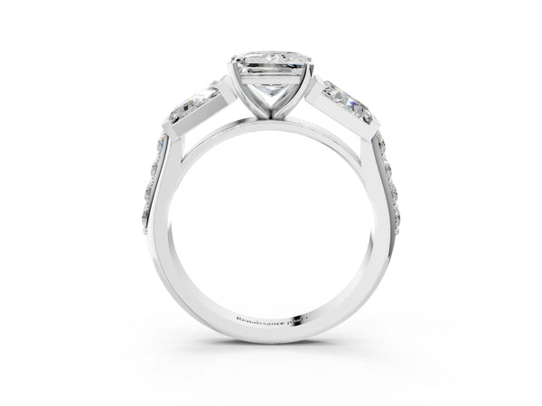Sterling Silver Princess Cut Engagement Ring Setting with Channel Set Baguettes and Accented Band